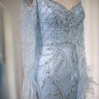 Custom-Made Feathered Dubai Short Evening Dress with Overskirt - Arabic Blue Lilac Mini Cocktail & Prom Dress