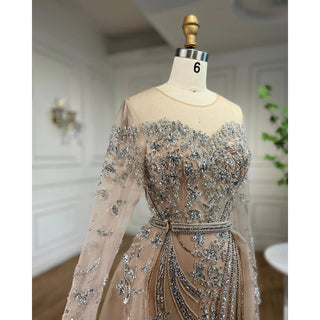 Ships in 1 to 3 Days – Muslim Mermaid Nude With Overskirt Beaded Luxury Dubai Evening Dress Gown for Women Wedding Party 2024