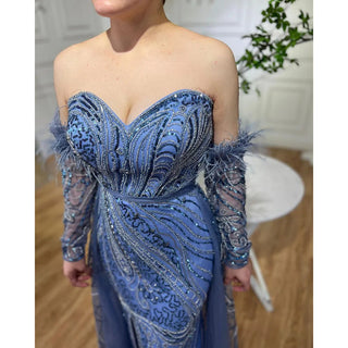 Chic Arabic Luxury Nude Mermaid Evening Dress with High Split, Beaded Feathers - Long 2024 Gown for Women's Wedding Party