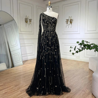 Dubai Green A-Line One-Shoulder Cape Sleeves Beaded Luxury Evening Dress - Gown for Women's Wedding Party