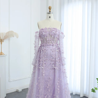 Elegant 3D Flowers Pink Luxury Dubai Evening Dress with Overskirt: Lilac Long Sleeves for Women's Wedding Party