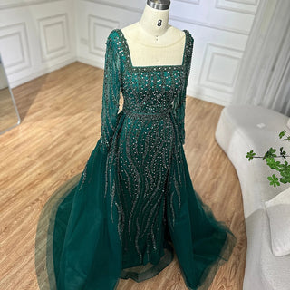 Luxurious Green Beaded Mermaid Evening Gown with Overskirt