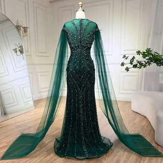 2024 Dubai Arabic Black Mermaid Elegant Cape Sleeves Beaded Luxury Evening Dresses Gown Women Wedding Party