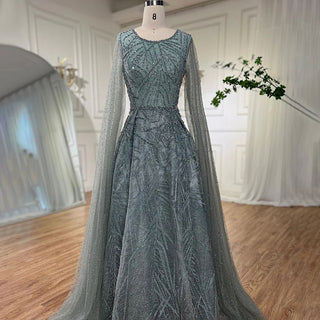 Blue Muslim A-Line Evening Dress 2024 with Cape Sleeves, Beaded Luxury - Ideal for Women's Wedding Party