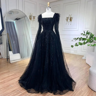 Luxury Dubai A-Line Blue Evening Dress with Cape Sleeves - Feathers Beaded Gown for Women's Wedding Party (2024)