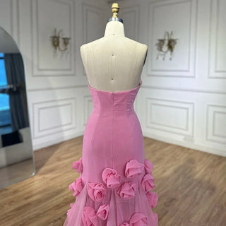 Ships in 1 to 3 Days - Mermaid Evening Dress for Girls: Arabic Pink 3D Flowers Elegant Strapless Dress with Side Slit Prom Party Gowns