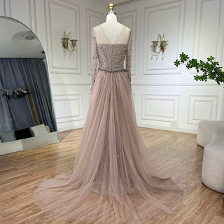 Ships in 1 to 3 Days - 2024 Arabic Nude Elegant Mermaid Evening Gown with Beaded Skirt and Lace-Up Back Women's Wedding Party Dress