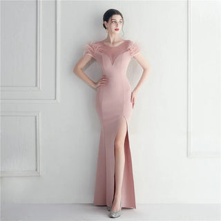 Elegant Feather Crystal Evening Dress with Sexy Slit - Floor-Length Party Maxi Celebrity Dress