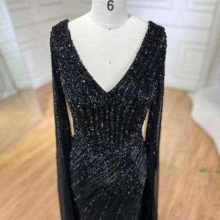 Midnight Majesty: 2024 Black Mermaid Evening Gown with Cape Sleeves and High Split - Luxury Beaded Feathers Dress for Women's Party