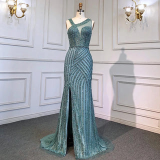 Elegant Ocean Blue: 2024 Mermaid Evening Dress with Beading, High Split, and Luxury Appeal