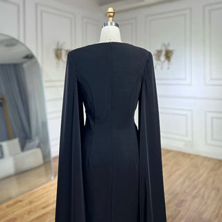 Ships in 1 to 3 Days - Arabic Black Mermaid Elegant Cape Sleeves Beaded Satin Luxury Dubai Evening Dresses Gowns For Women Party