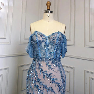 Ships in 1 to 3 Days - Ocean Opulence: 2024 Blue Mermaid Evening Gown with Beaded Off-Shoulder Detail