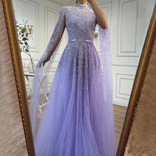 Turquoise Elegance: 2023 A-Line Cape Sleeves Muslim Luxury Beaded Evening Dress - Party Gown for Women