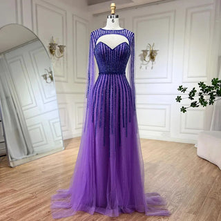 2024 Arabic Fuchsia Cape Sleeves A-Line Beaded Evening Dresses Long Celebrity Gowns for Woman Wedding Party