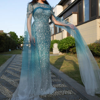 Mermaid Turquoise Crystal Dubai Evening Dress with Cape Sleeves Arabic Women Wedding Party Gown