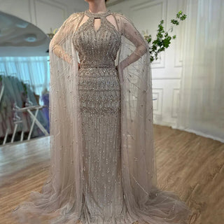 Mermaid Elegant Cape Sleeves Beaded Luxury Evening Dress Gown For Women: Arabic Party 2024