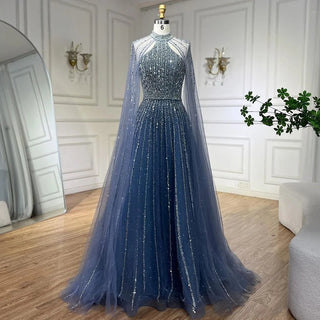 Ships in 1 to 3 Days - 2024 Arabic Turquoise A-Line Cap Sleeve Beaded Luxury Dubai Evening Dress: Gowns for Women's Wedding Party