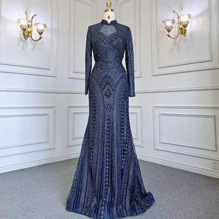 Chic Blue Muslim Mermaid Evening Dress - Elegant High Neck Luxury Beaded Gown for Women's Party 2024