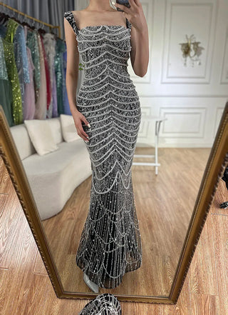 Arabic Nude Spaghetti Strap Mermaid Pearls Beaded Evening Gown for Women | Wedding Party 2025