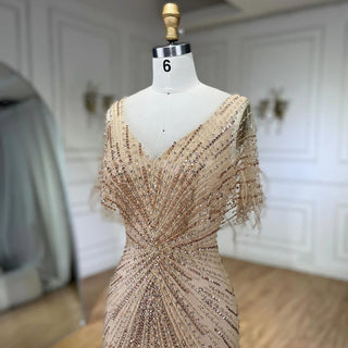 Brown Mermaid Luxury Evening Dresses Gowns 2024 Beaded Feather Elegant for Women's Party