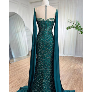 Elegant Green Cape Sleeves Mermaid Luxury Evening Dress - 2024 Gown for Women's Party