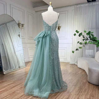 Ships in 1 to 3 Days - 2024 Sky Blue Spaghetti Strap Luxury Evening Dress: Mermaid Beaded Elegant Overskirt for Women's Party