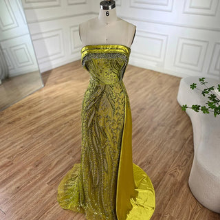 2024 Arabic Gold Strapless Satin Mermaid Beaded Luxury Dubai Evening Gown with Side Skirt for Women's Party