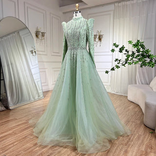 Ships in 1 to 3 Days - 2024 Dubai Arabic Designer Luxury Sage Green A-Line Beaded Evening Dress: Perfect for Women's Wedding Party