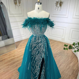 Blue Diamond Feather Mermaid Evening Dress with Overskirt - Wedding Party Gown for Women 2024