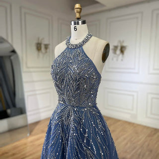 Ships in 1 to 3 Days - Elegant Blue Arabic A-Line Halter Gown Luxury Dubai Evening Dress for Women - Wedding Party 2024