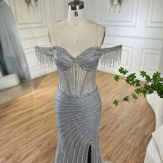 Ships in 1 to 3 Days - 2024 Silver Nude Off-Shoulder Mermaid Elegant Beaded Tassel Evening Dresses Gown for Women Wedding Party