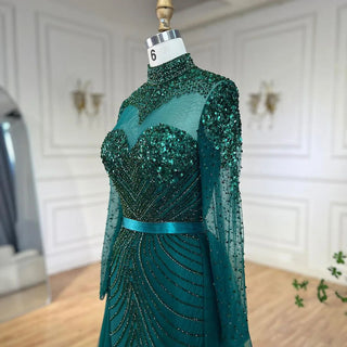 Chic Muslim Green Elegant Mermaid Luxury Lace Beaded Arabic Evening Dress - Wedding Party Gown for Women 2024