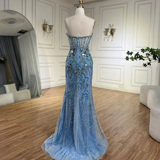 Arabic Blue Elegant Strapless Mermaid Beaded Luxury Dubai Evening Dresses Gowns 2024 for Women's Party