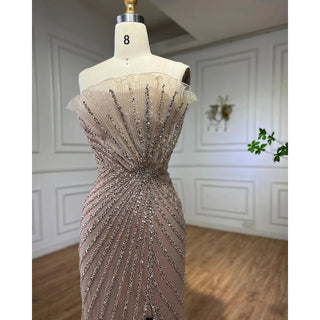 Caramel High Split Off Shoulder Mermaid Evening Dress - Beaded Gown for Women Wedding Party 2024