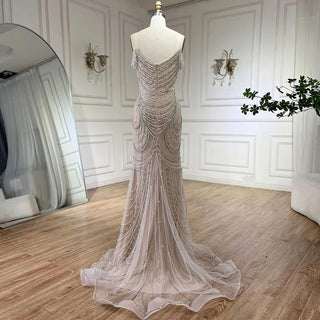 Ships in 1 to 3 Days - Dubai White Nude Strapless Mermaid Luxury Evening Dresses Gowns Pearls Beaded for Women Wedding Party 2024