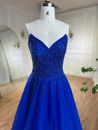 Arabic Blue Cape Sleeves A-Line Beaded Luxury Dubai Evening Dresses Wedding Party Gowns For Women 2024