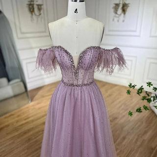 Ships in 1 to 3 Days - Dubai Arabic Elegant Lilac Feathers Beaded A-Line Evening Gown 2024 Luxury Dress for Women Long Party Dress