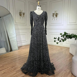 Arabic Pink A-Line Elegant Long Sleeves Evening Dress - Luxury Beaded Gown for Women's Wedding Party 2024