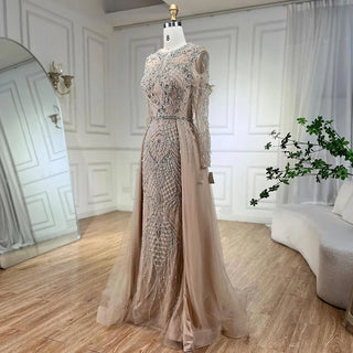 Silver Nude Mermaid Evening Gown: Over Skirt, Beaded Luxury Dubai Dresses - Long Women's Wedding Party Gowns 2024