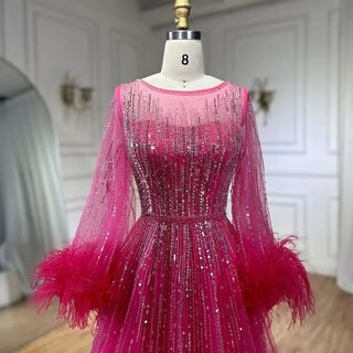 Ships in 1 to 3 Days - Modest Fuchsia A-Line Luxury Evening Dress with Feather Beading - Women's Wedding Party Gown 2024