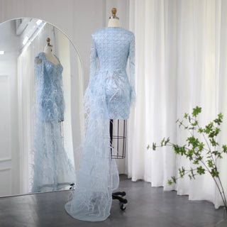 Custom-Made Feathered Dubai Short Evening Dress with Overskirt - Arabic Blue Lilac Mini Cocktail & Prom Dress