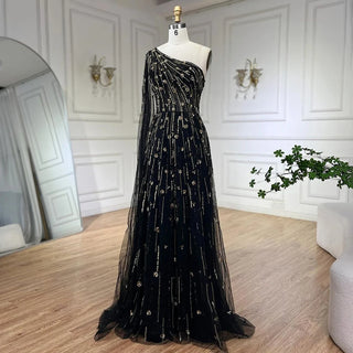 Dubai Green A-Line One-Shoulder Cape Sleeves Beaded Luxury Evening Dress - Gown for Women's Wedding Party