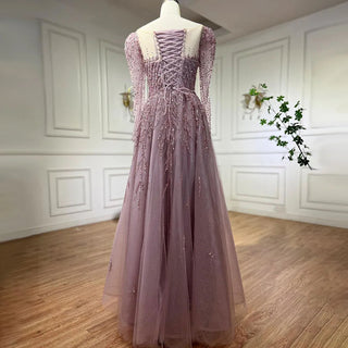 Muslim Pink A-Line Beaded Luxury Dubai Long Evening Dress - Gown for Women's Wedding Party 2024