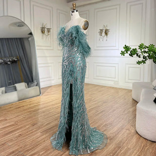 Turquoise Spaghetti Strap High-Split Mermaid Beaded Feathers Evening Gown for Women Wedding Party 2024