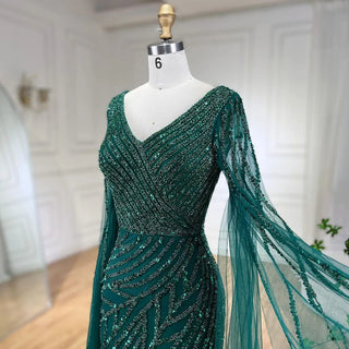 Arabic Mermaid Blue Beaded Elegant Cape Sleeves Luxury Evening Dress Gown for Women Wedding Party 2024