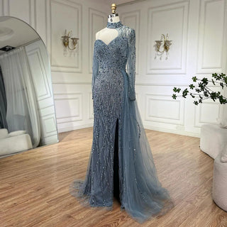 Ships in 1 to 3 Days - Arabic Blue Mermaid Evening Dress with High Split and Beading - Women's Wedding Party Gown (2024)