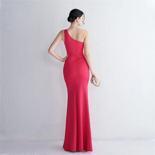 Sexy One-Shoulder Soft Satin Pleated Dress with Beading - Long Evening Party Maxi Dress with Slit for Women