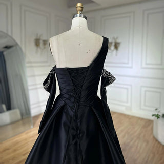 2025 Black One-Shoulder Satin A-Line Beaded Evening Gown with Sleevelets for Women’s Party - Saudi Dress