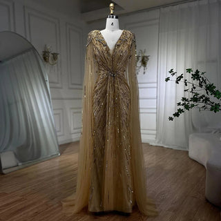 Ships in 1 to 3 Days – Dubai's Luxe Elegance: Sage Green Evening Dresses with Cape, Fuchsia Crystal, and Gold Accents for Women's Weddings and Formal Parties (2024)