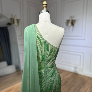 2025 Arabic Green One Shoulder Beaded Feathers Luxury Evening Gown with Side Cape Shawl for Women's Party